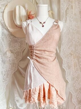 Soft Girl Cream and Tan Wrap Top Textured Knit Asymmetrical Cottagecore Fairy